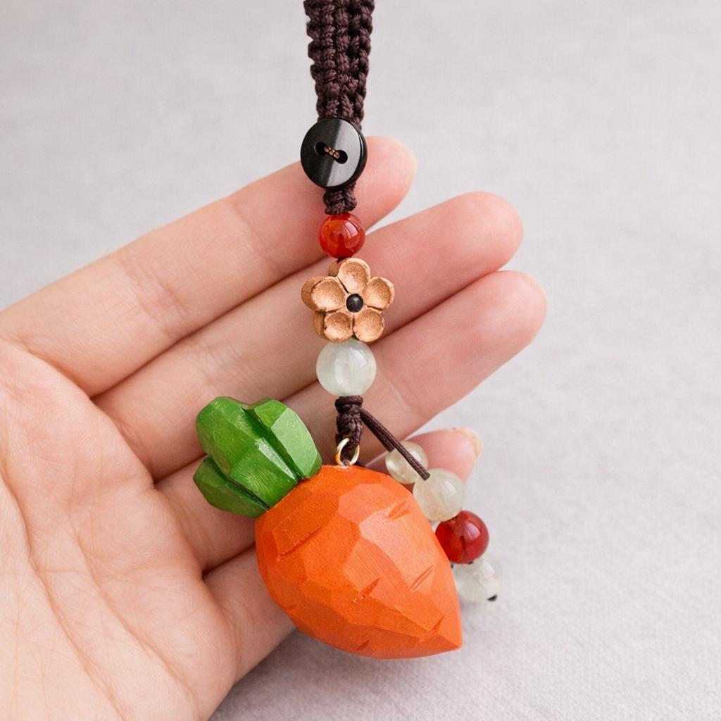Hand Carved Wood Carrot Keychain – Cute Vegetable Bag Charm