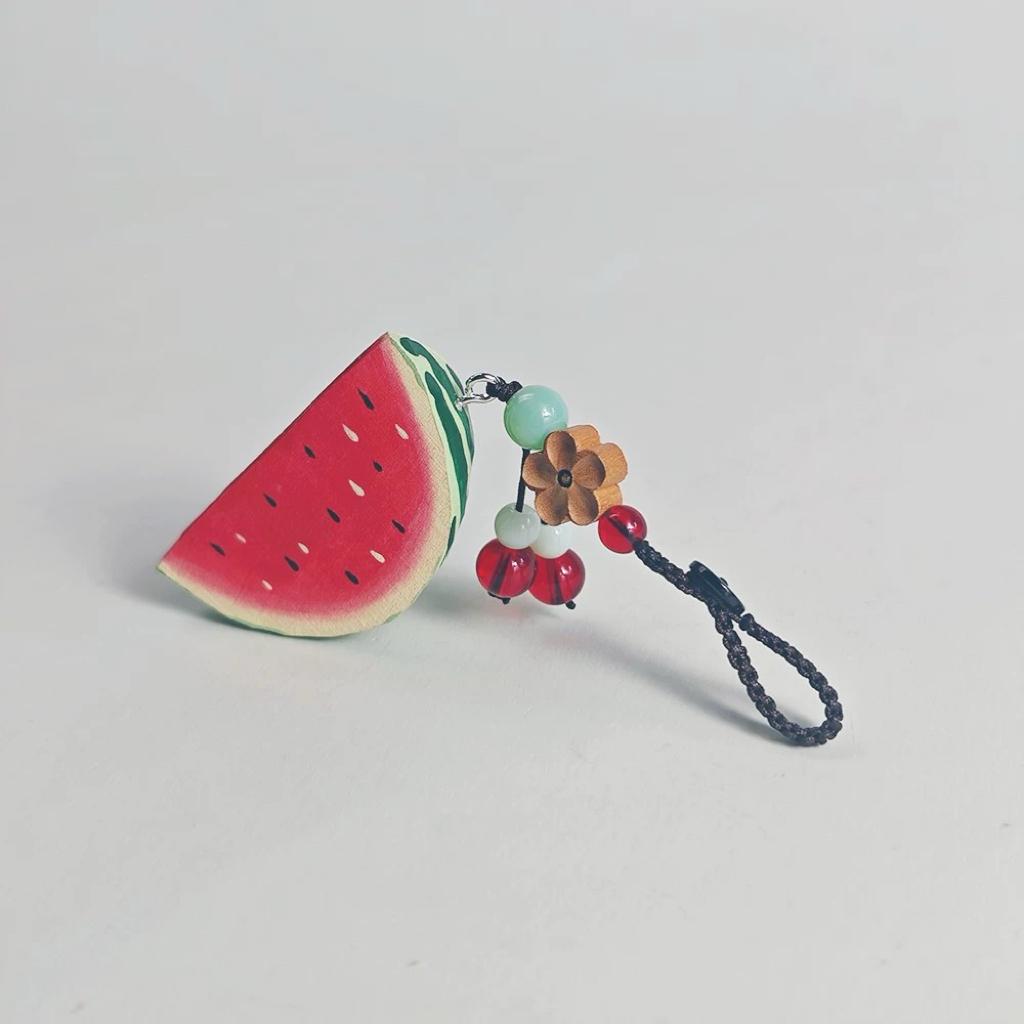 Hand Carved Wood Watermelon Keychain – Cute Summer Fruit Bag Charm