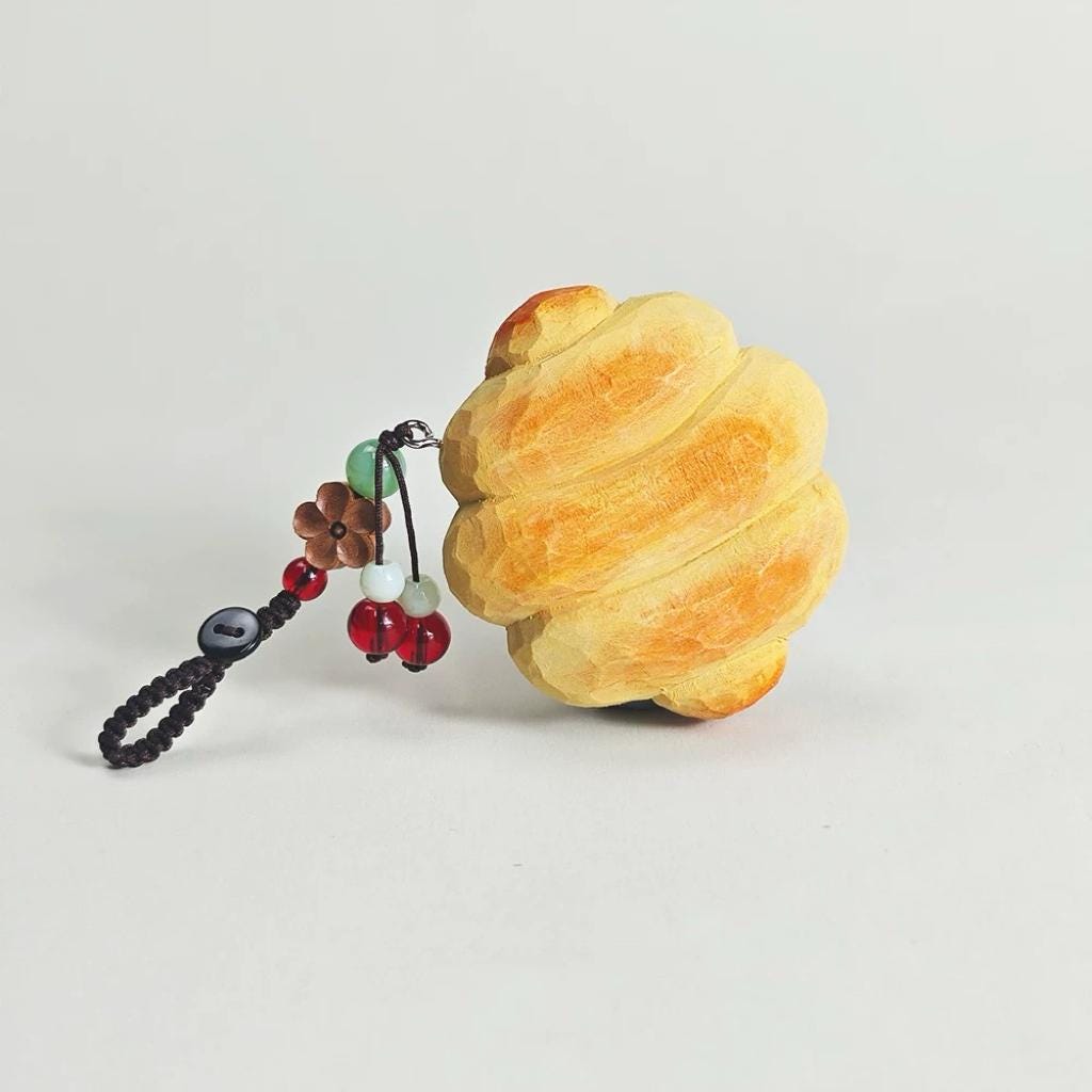 Hand Carved Wood Croissant Keychain – Cute Bread Food Bag Charm