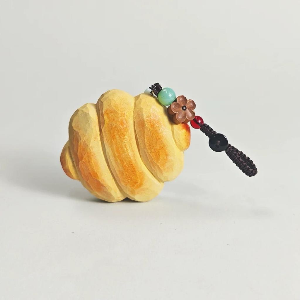 Hand Carved Wood Croissant Keychain – Cute Bread Food Bag Charm