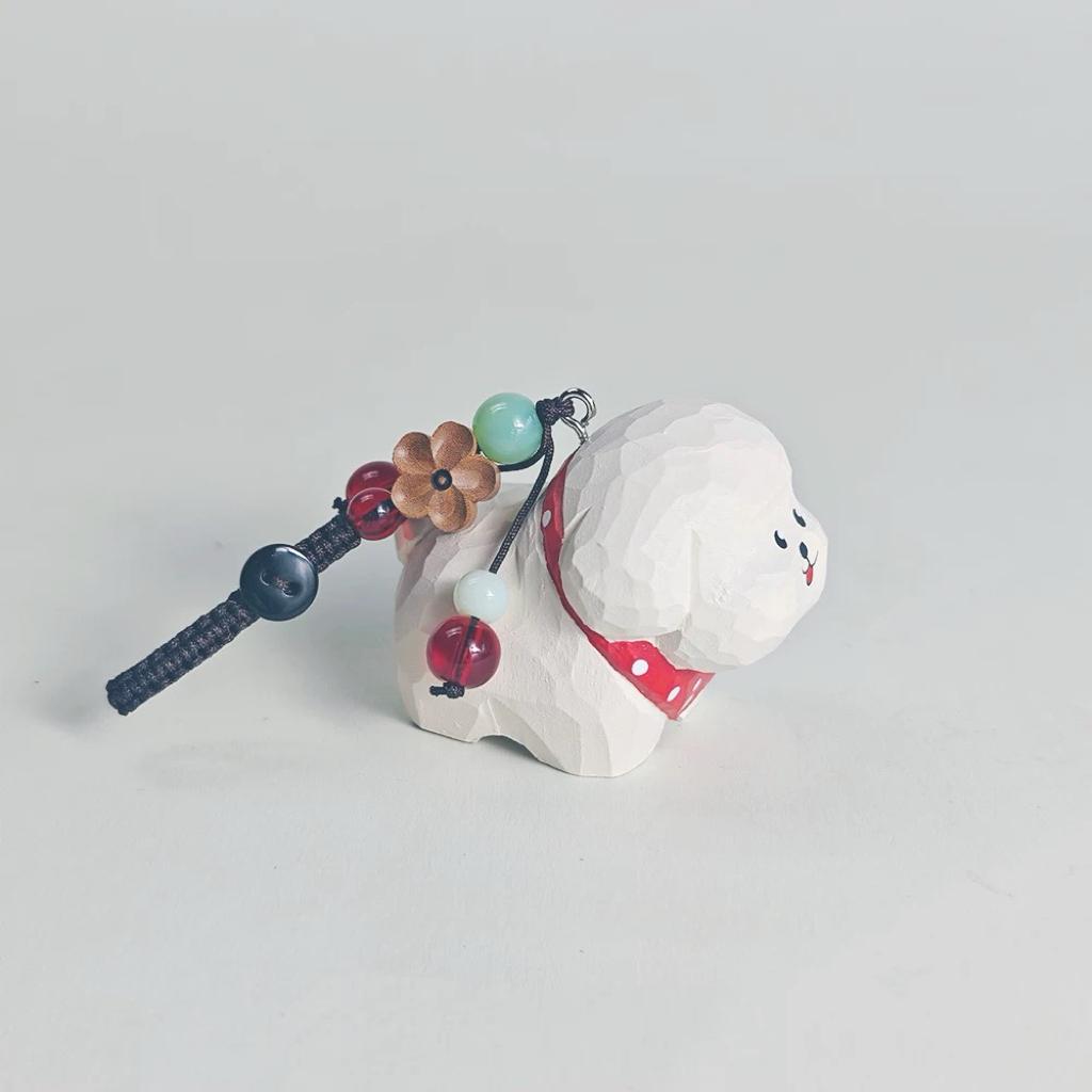 Hand Carved Wood White Dog Keychain – Cute Puppy Bag Charm