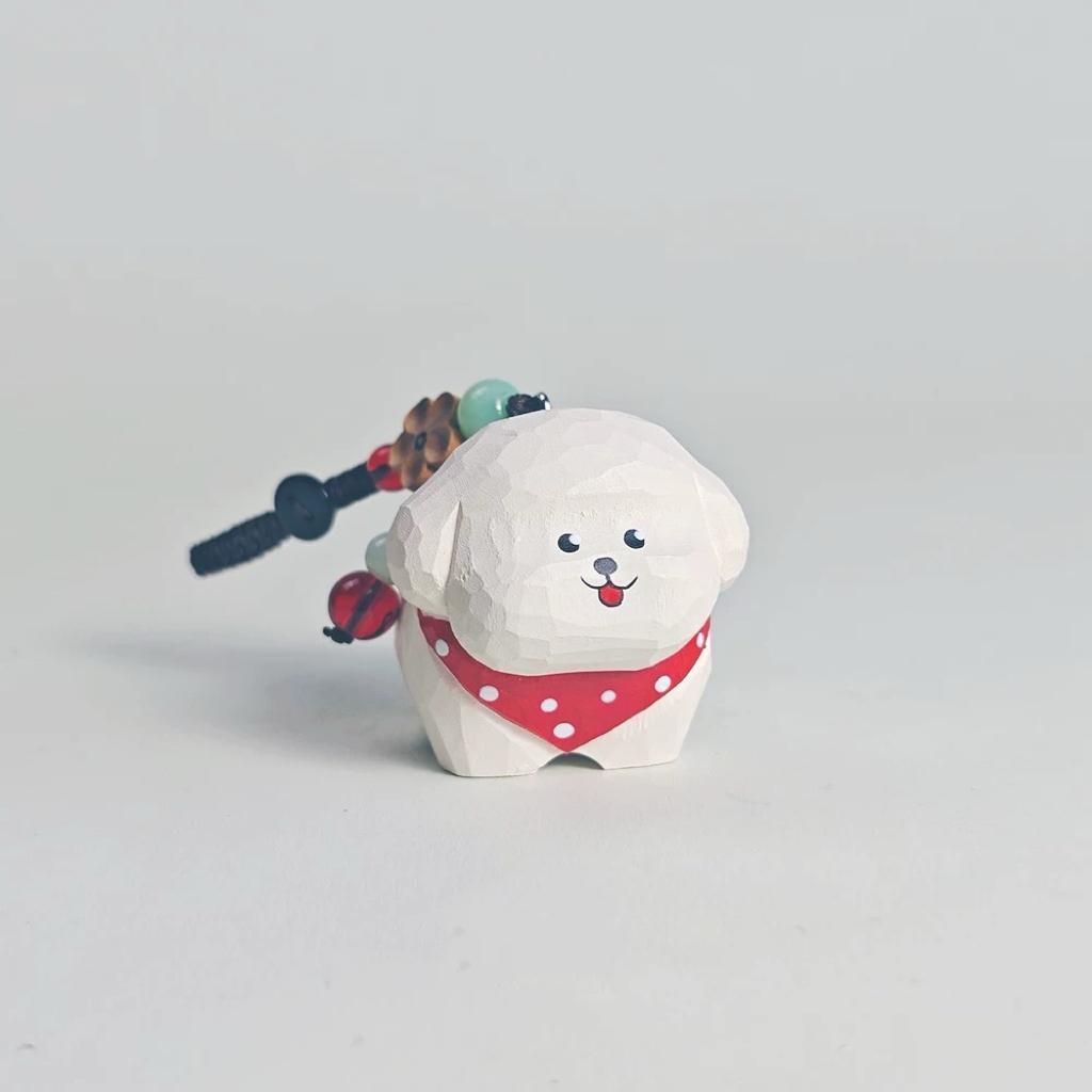 Hand Carved Wood White Dog Keychain – Cute Puppy Bag Charm