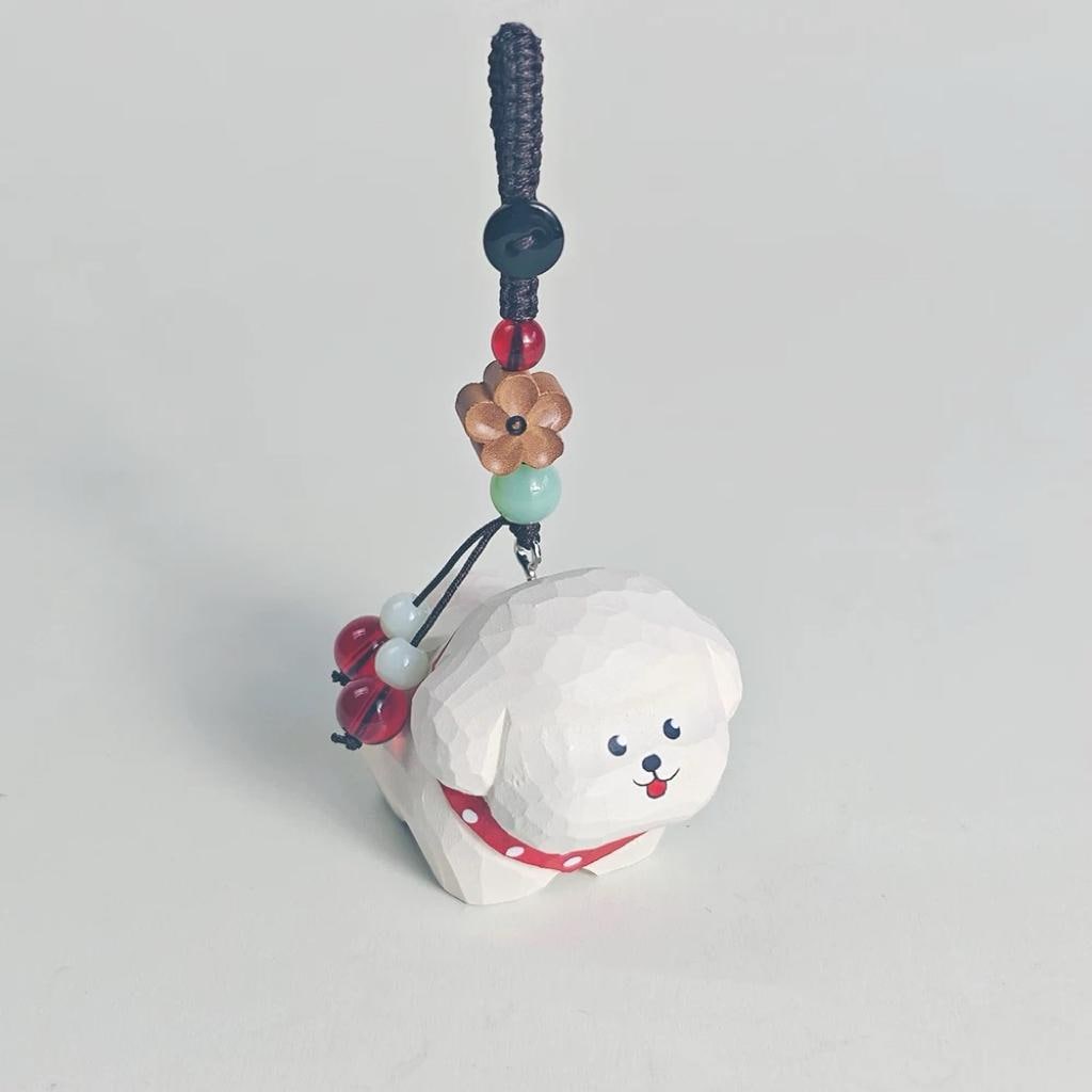 Hand Carved Wood White Dog Keychain – Cute Puppy Bag Charm