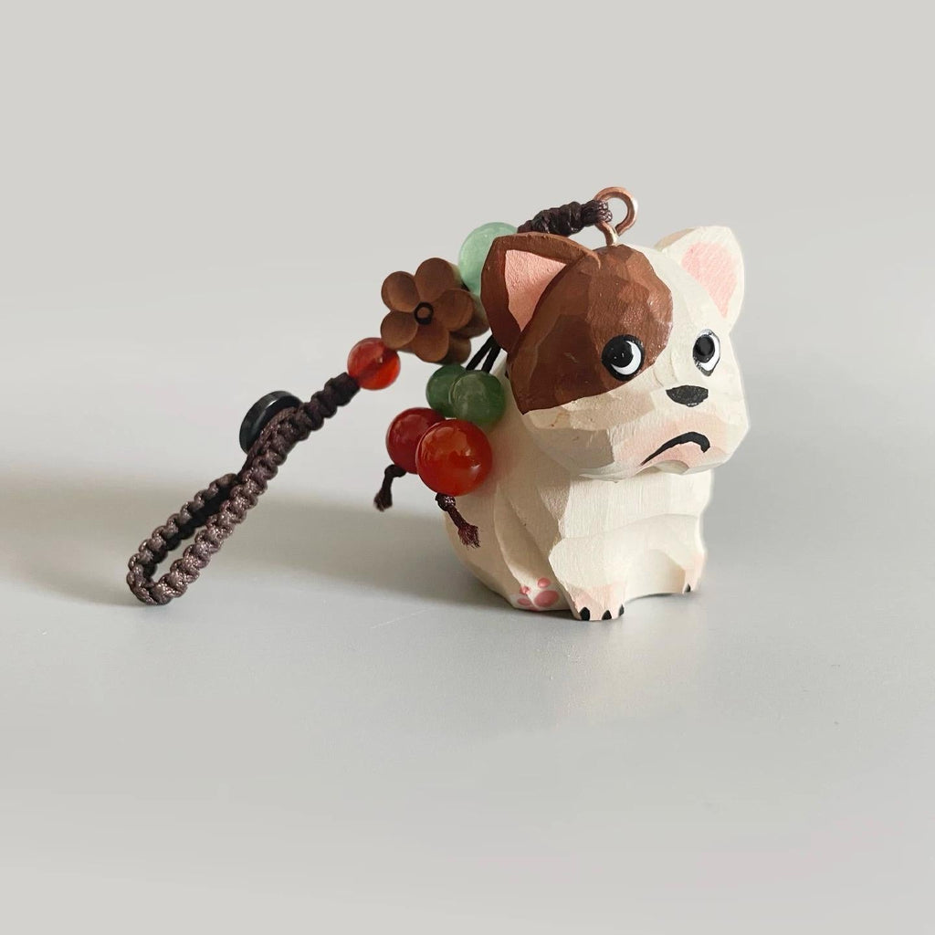Hand Carved Basswood French Bulldog Keychain – Crystal Bead Bag Charm