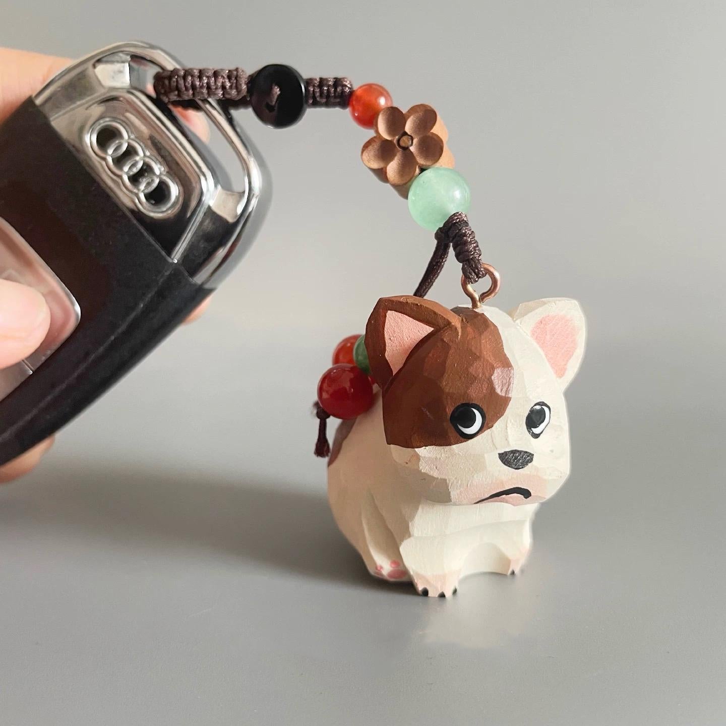 Hand Carved Basswood French Bulldog Keychain – Crystal Bead Bag Charm