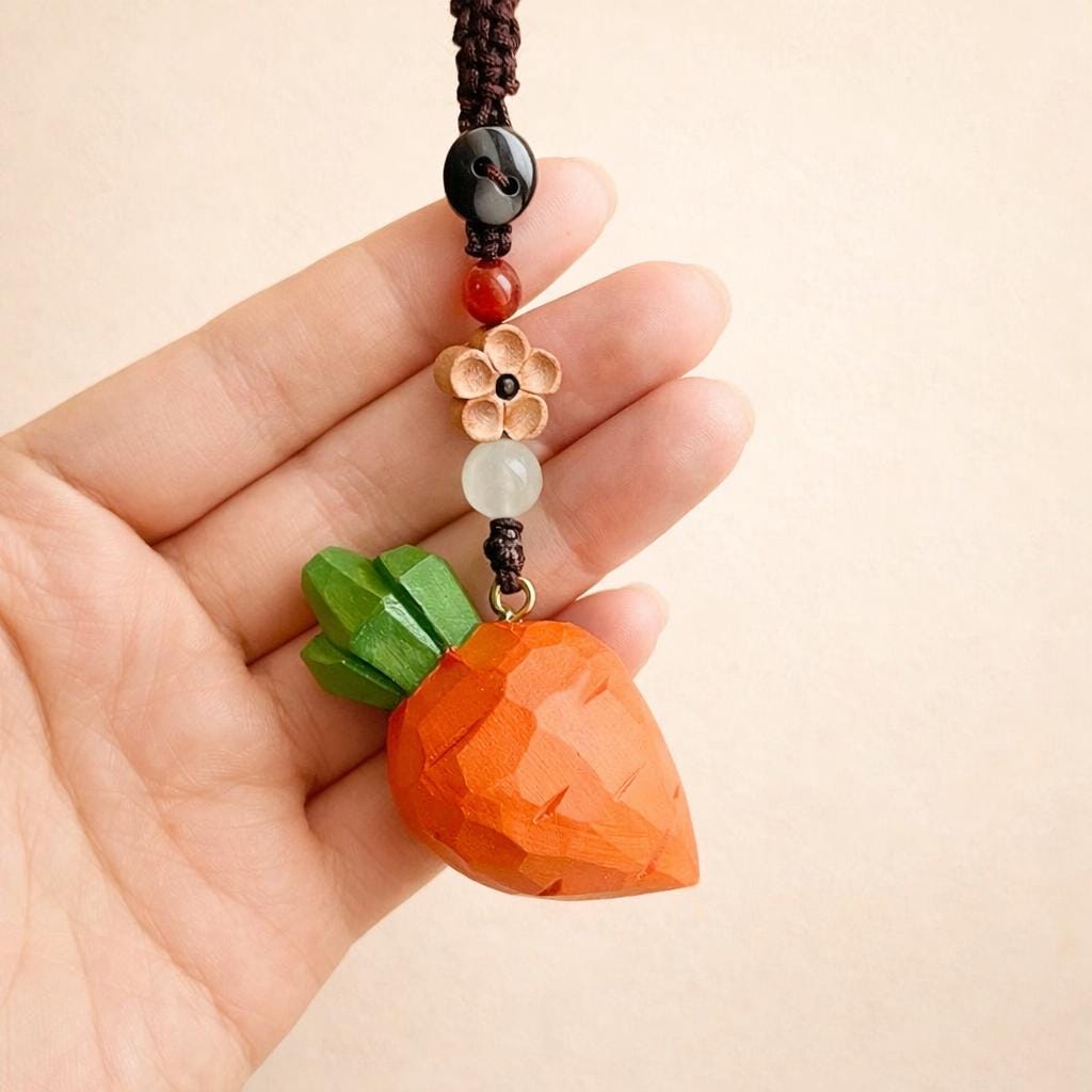 Hand Carved Wood Carrot Keychain – Cute Vegetable Bag Charm
