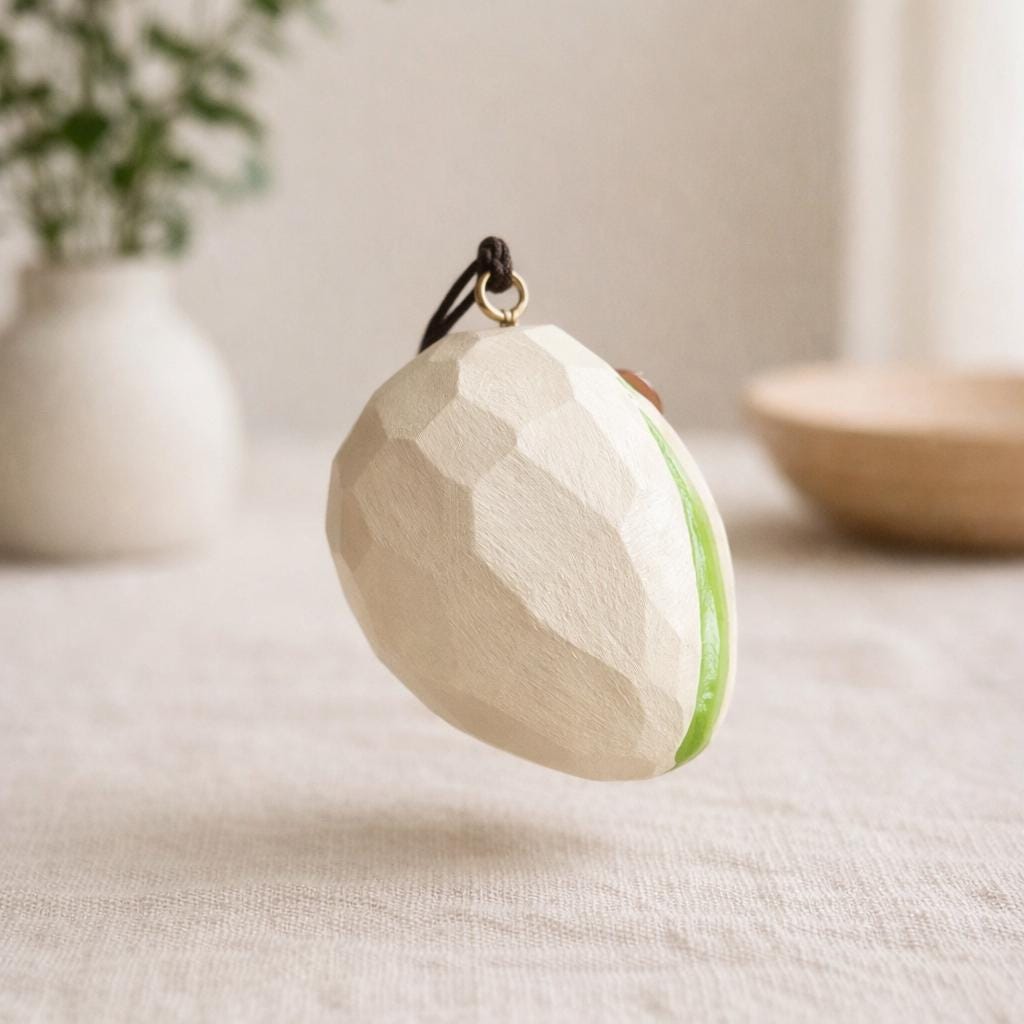 Hand Carved Wood Pistachio Keychain – Japanese Style Nut Bag Charm