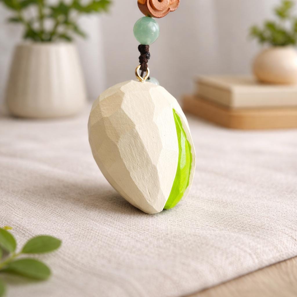 Hand Carved Wood Pistachio Keychain – Japanese Style Nut Bag Charm