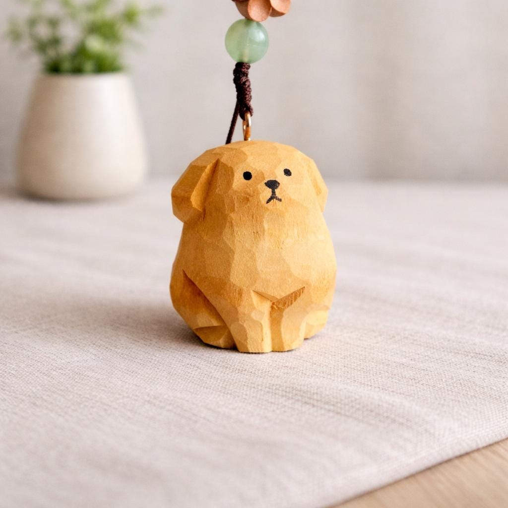 Hand Carved Wood Golden Retriever Keychain – Japanese Puppy Bag Charm