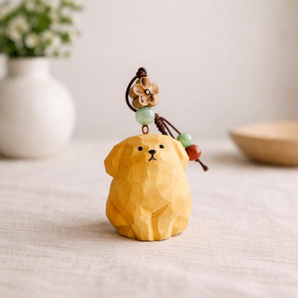 Hand Carved Wood Golden Retriever Keychain – Japanese Puppy Bag Charm