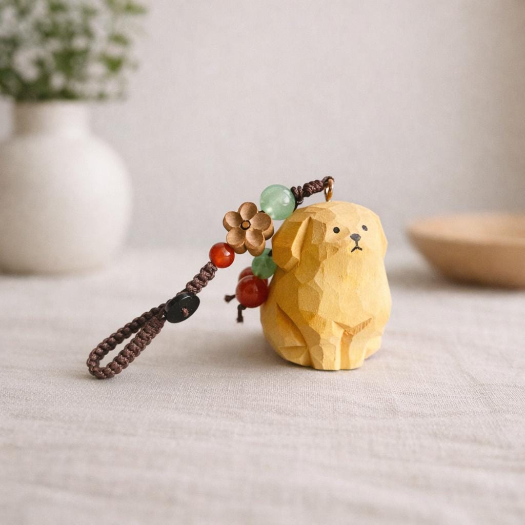 Hand Carved Wood Golden Retriever Keychain – Japanese Puppy Bag Charm