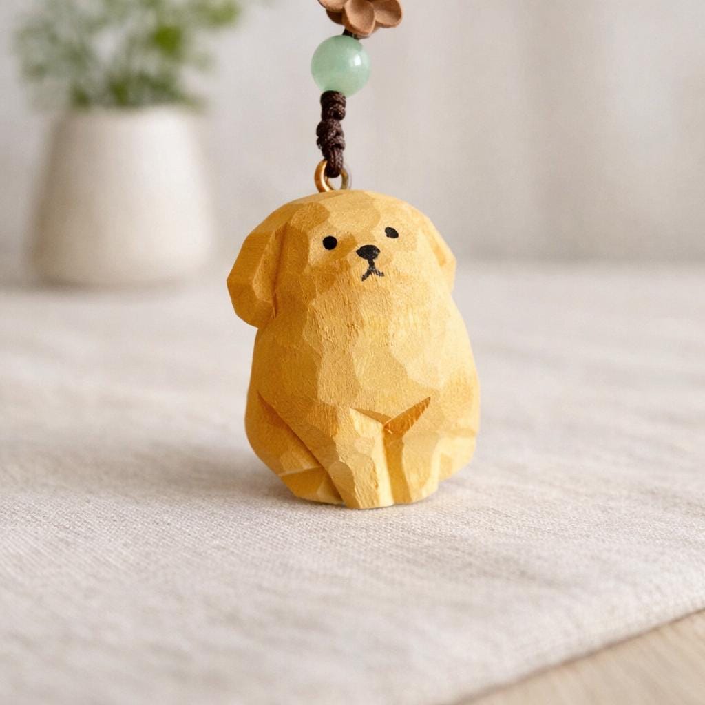 Hand Carved Wood Golden Retriever Keychain – Japanese Puppy Bag Charm