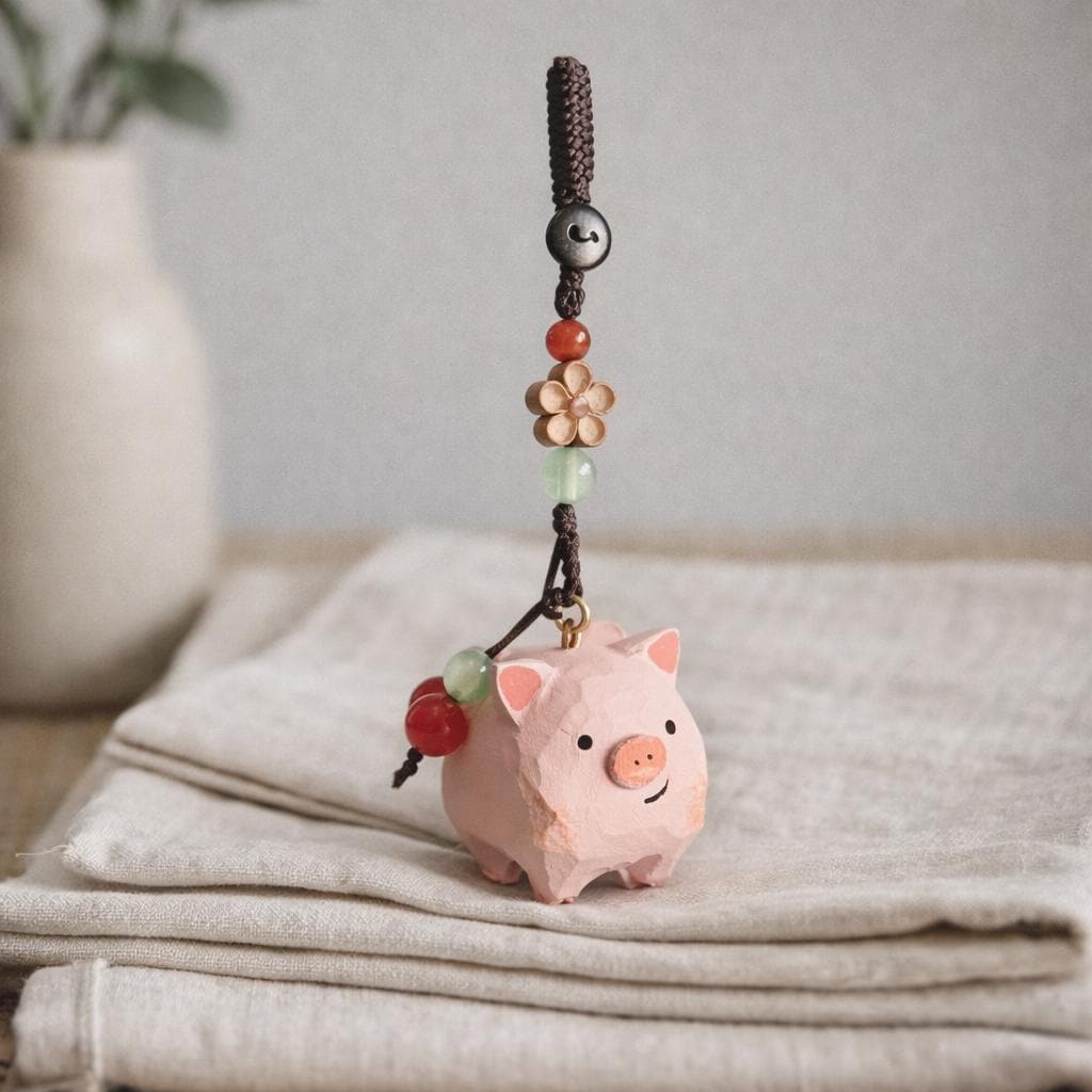 Hand Carved Wood Pig Keychain – Japanese Style Phone Charm Bag Pendant