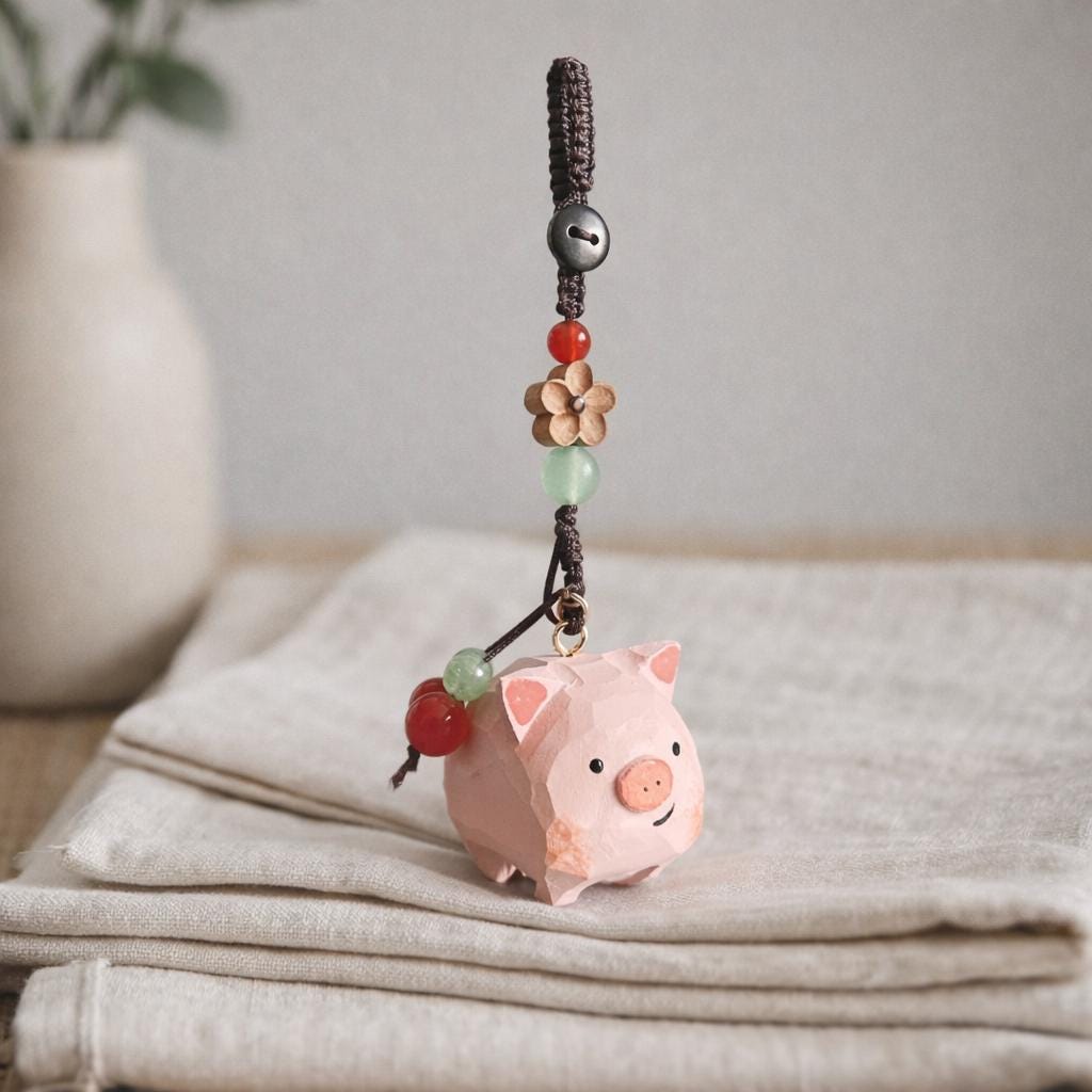 Hand Carved Wood Pig Keychain – Japanese Style Phone Charm Bag Pendant