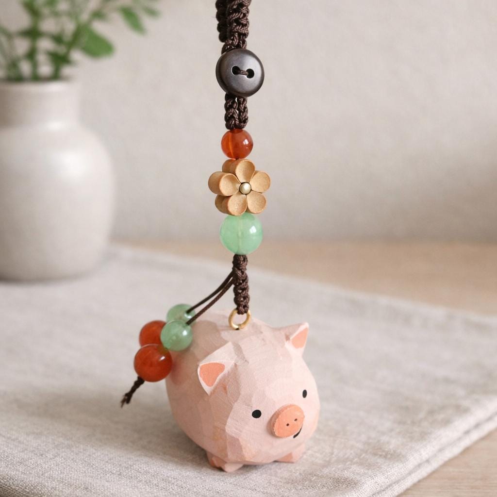 Hand Carved Wood Pig Keychain – Japanese Style Phone Charm Bag Pendant