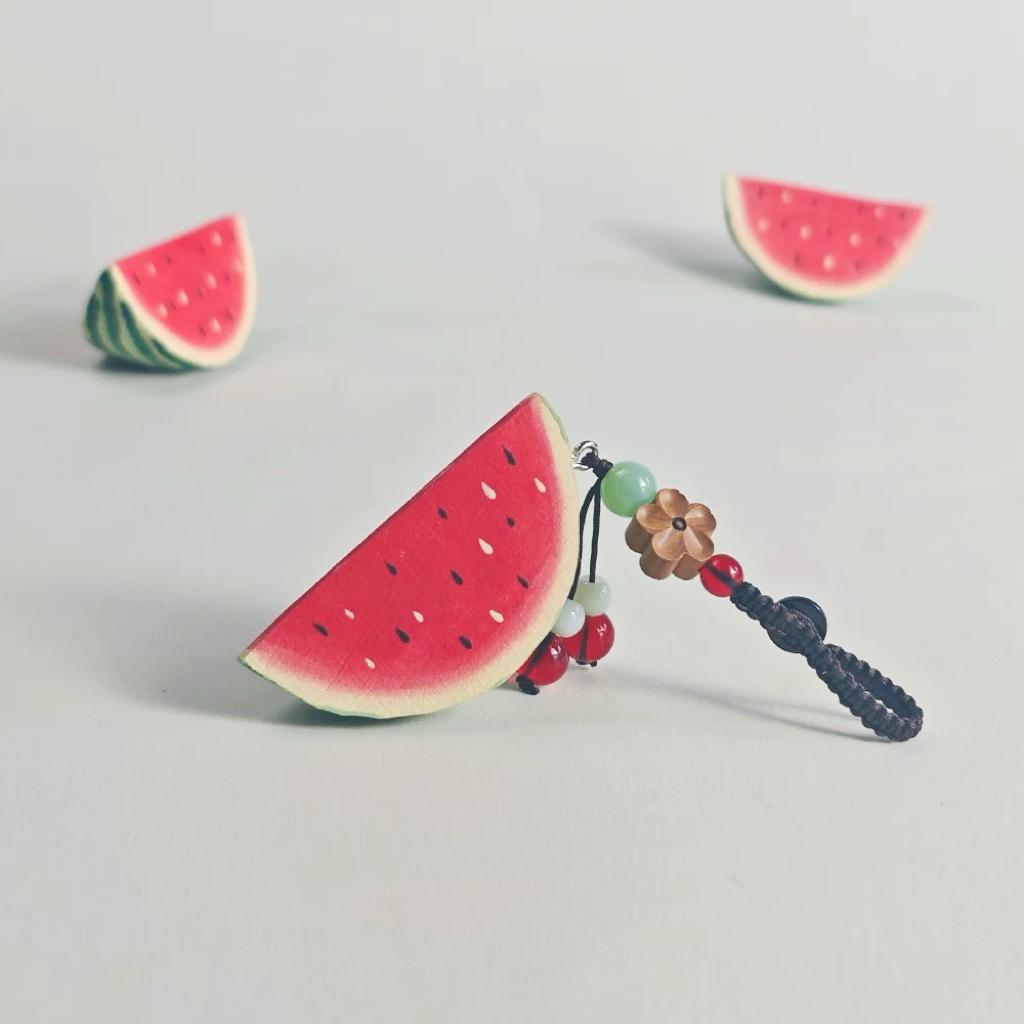 Hand Carved Wood Watermelon Keychain – Cute Summer Fruit Bag Charm
