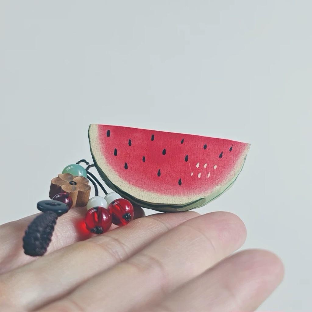 Hand Carved Wood Watermelon Keychain – Cute Summer Fruit Bag Charm