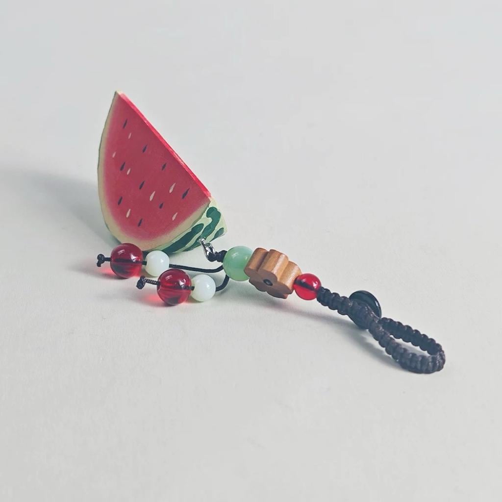 Hand Carved Wood Watermelon Keychain – Cute Summer Fruit Bag Charm