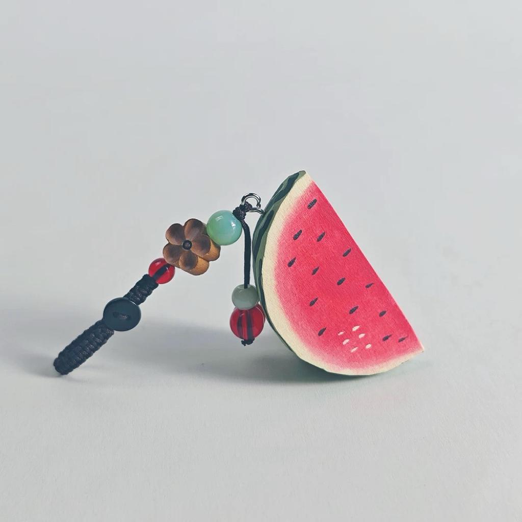 Hand Carved Wood Watermelon Keychain – Cute Summer Fruit Bag Charm