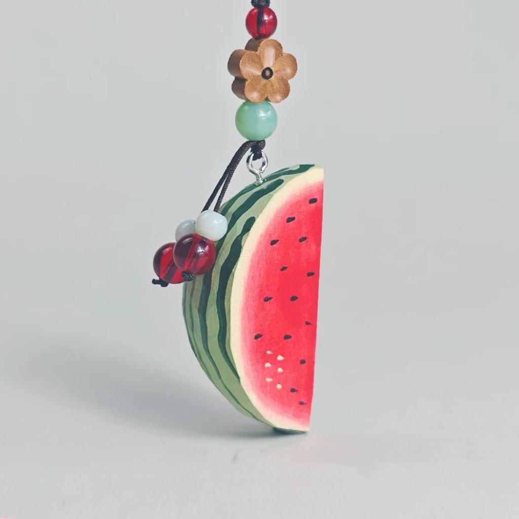 Hand Carved Wood Watermelon Keychain – Cute Summer Fruit Bag Charm