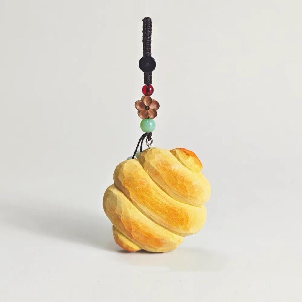 Hand Carved Wood Croissant Keychain – Cute Bread Food Bag Charm