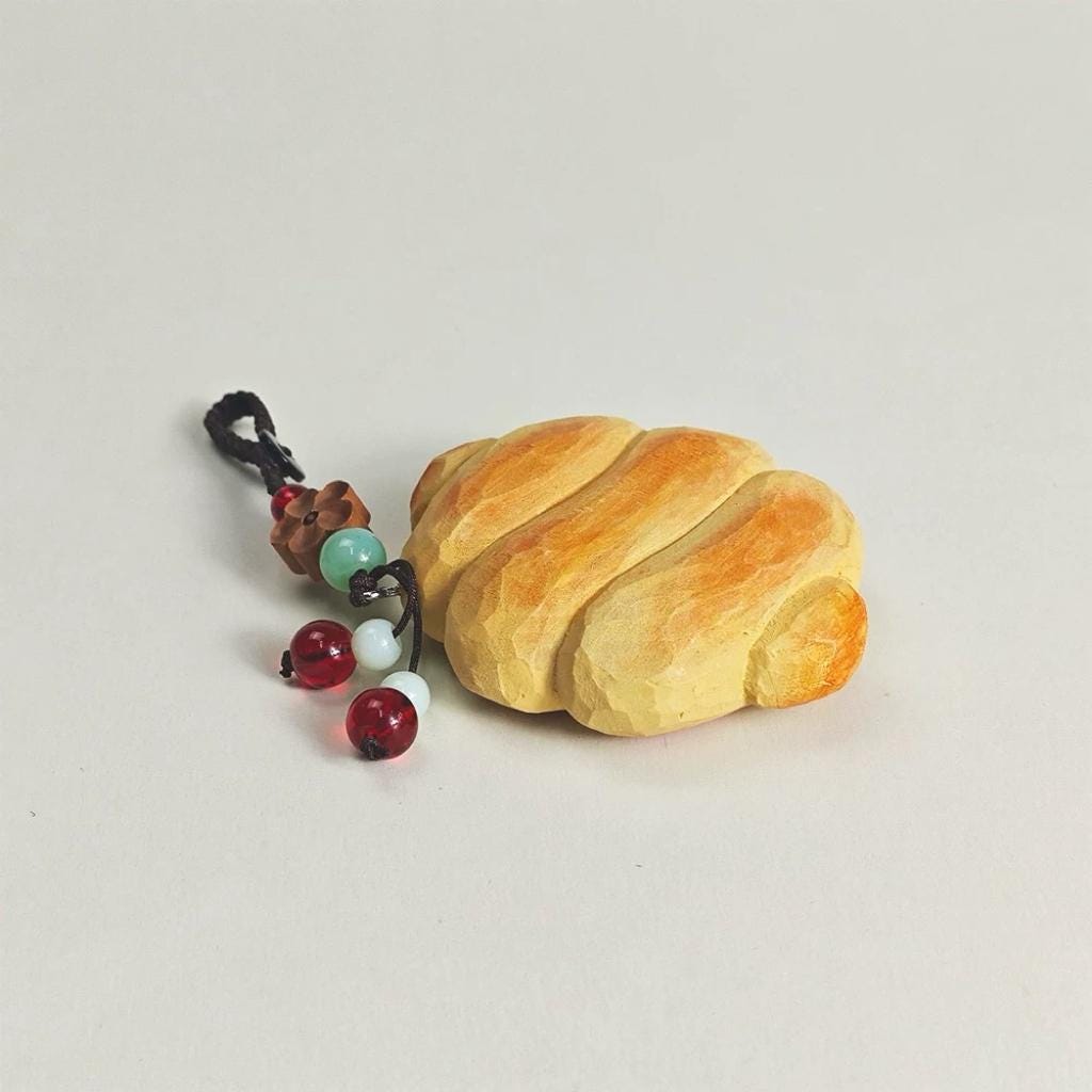 Hand Carved Wood Croissant Keychain – Cute Bread Food Bag Charm