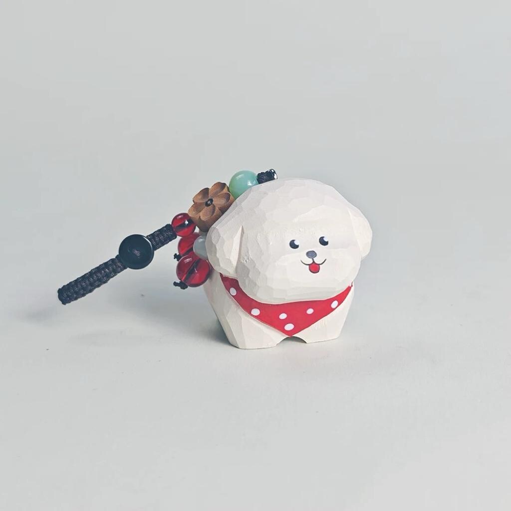 Hand Carved Wood White Dog Keychain – Cute Puppy Bag Charm