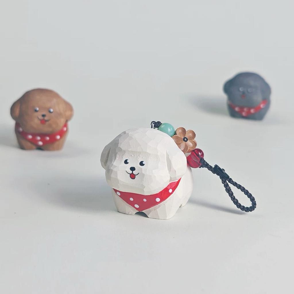Hand Carved Wood White Dog Keychain – Cute Puppy Bag Charm
