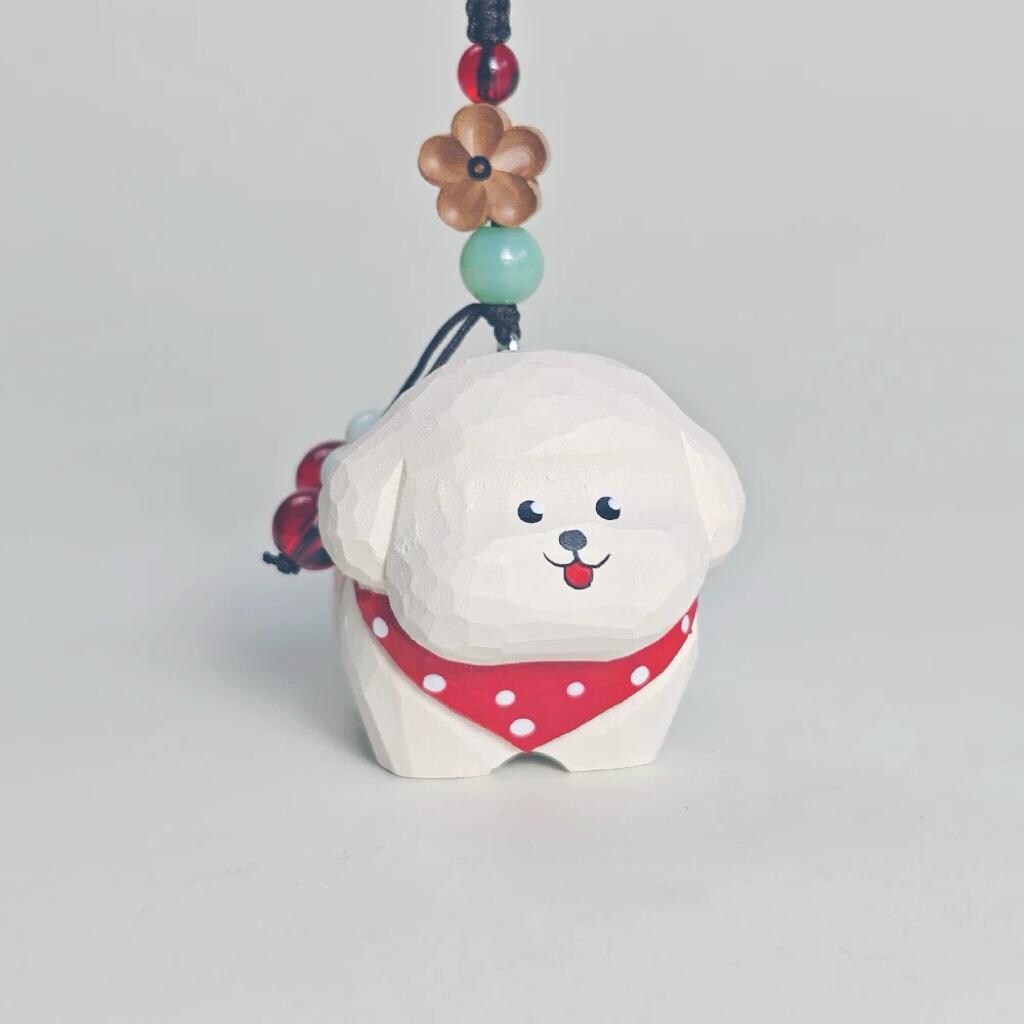 Hand Carved Wood White Dog Keychain – Cute Puppy Bag Charm