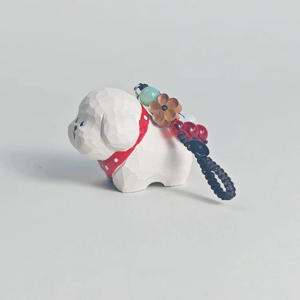 Hand Carved Wood White Dog Keychain – Cute Puppy Bag Charm