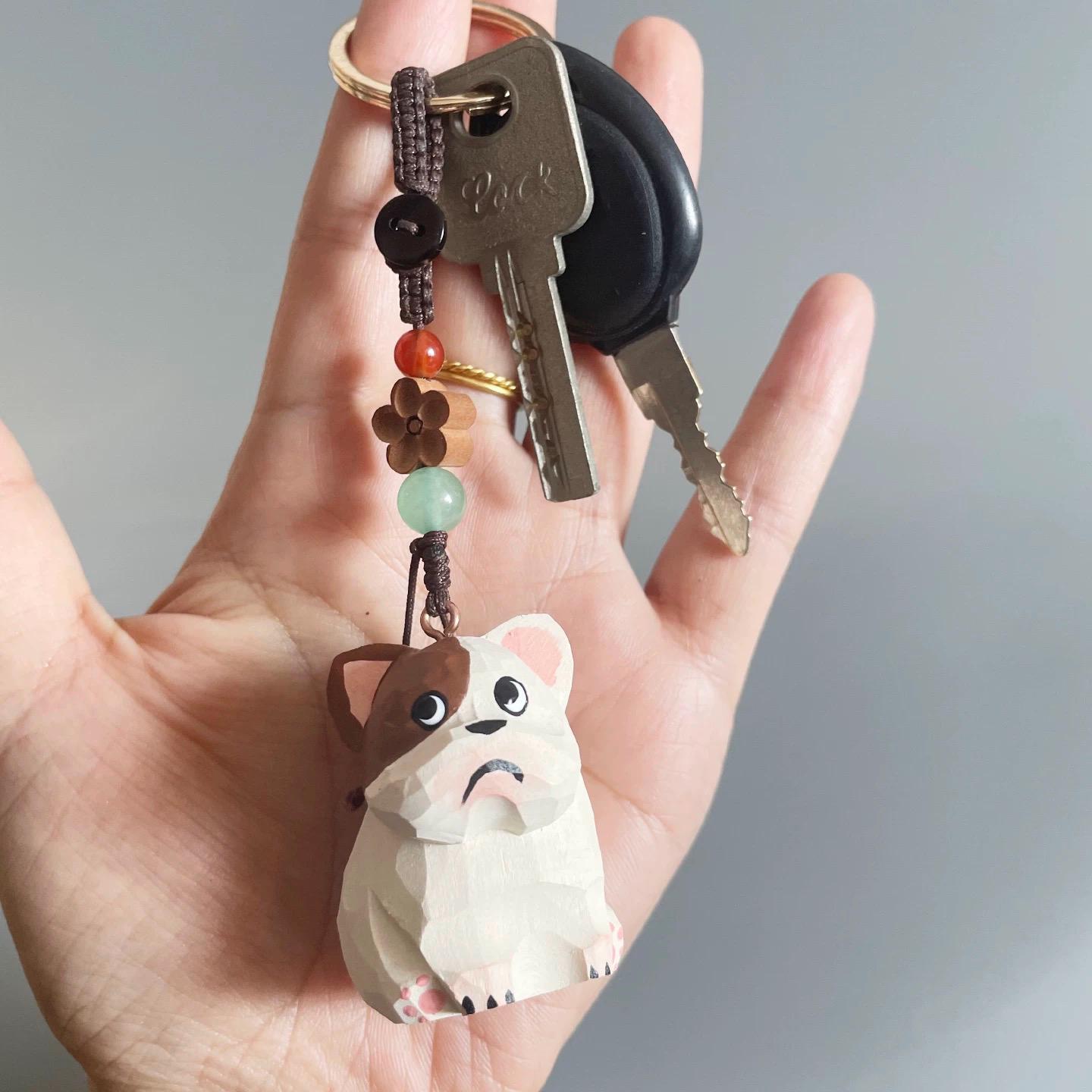 Hand Carved Basswood French Bulldog Keychain – Crystal Bead Bag Charm