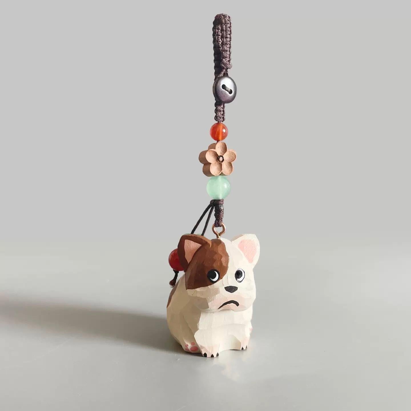 Hand Carved Basswood French Bulldog Keychain – Crystal Bead Bag Charm