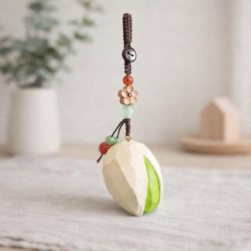Hand Carved Wood Pistachio Keychain – Japanese Style Nut Bag Charm