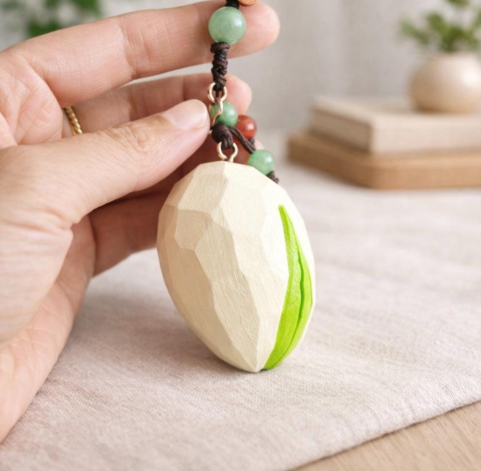 Hand Carved Wood Pistachio Keychain – Japanese Style Nut Bag Charm