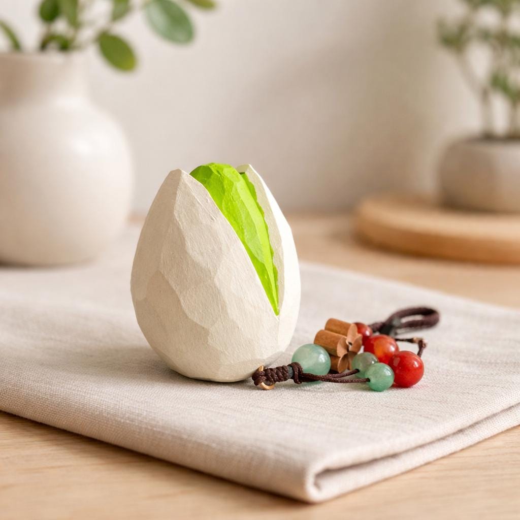 Hand Carved Wood Pistachio Keychain – Japanese Style Nut Bag Charm