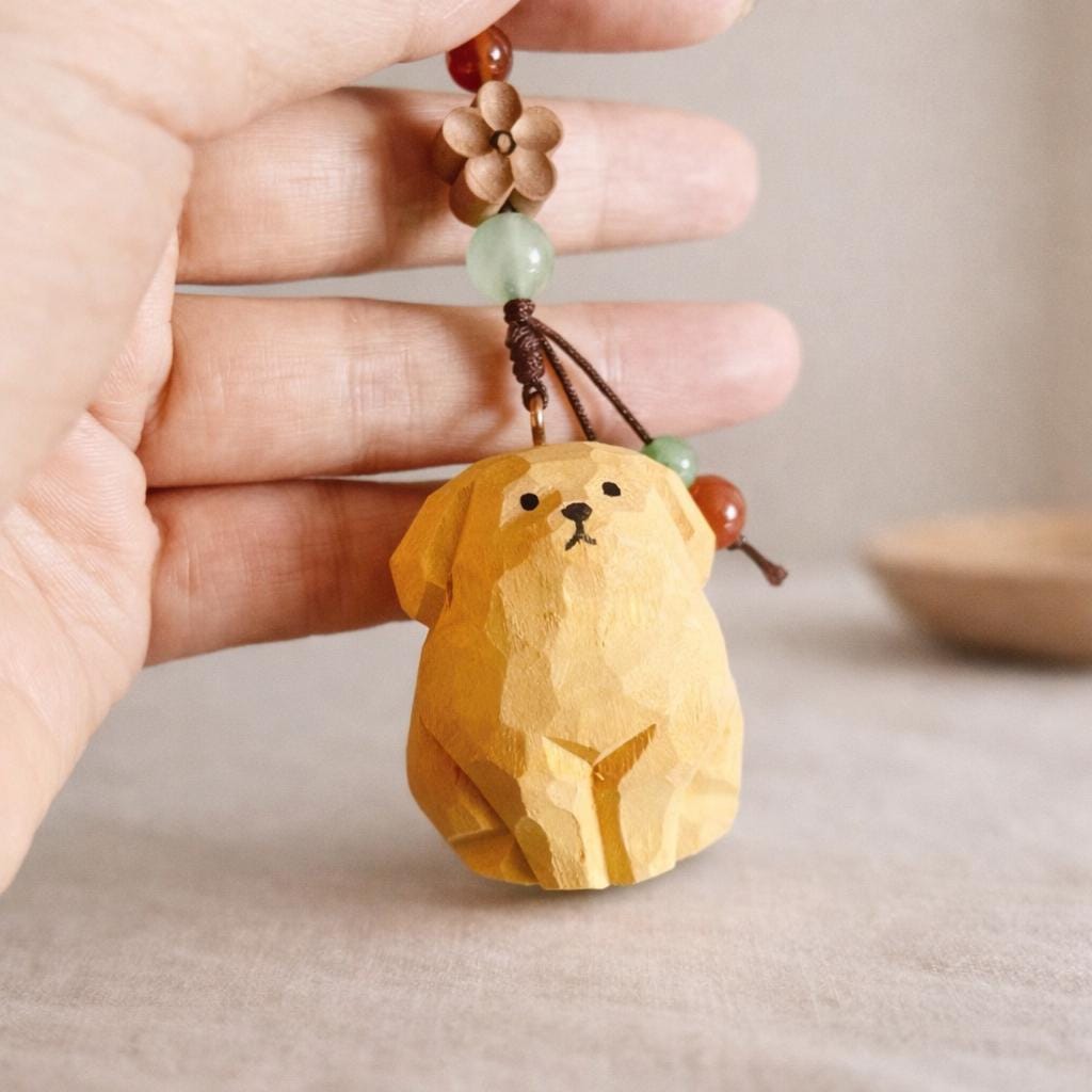 Hand Carved Wood Golden Retriever Keychain – Japanese Puppy Bag Charm