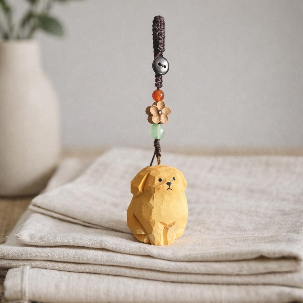 Hand Carved Wood Golden Retriever Keychain – Japanese Puppy Bag Charm