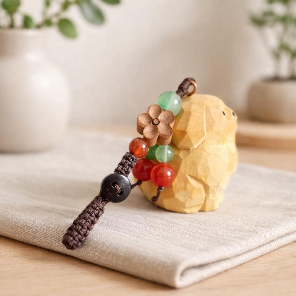 Hand Carved Wood Golden Retriever Keychain – Japanese Puppy Bag Charm