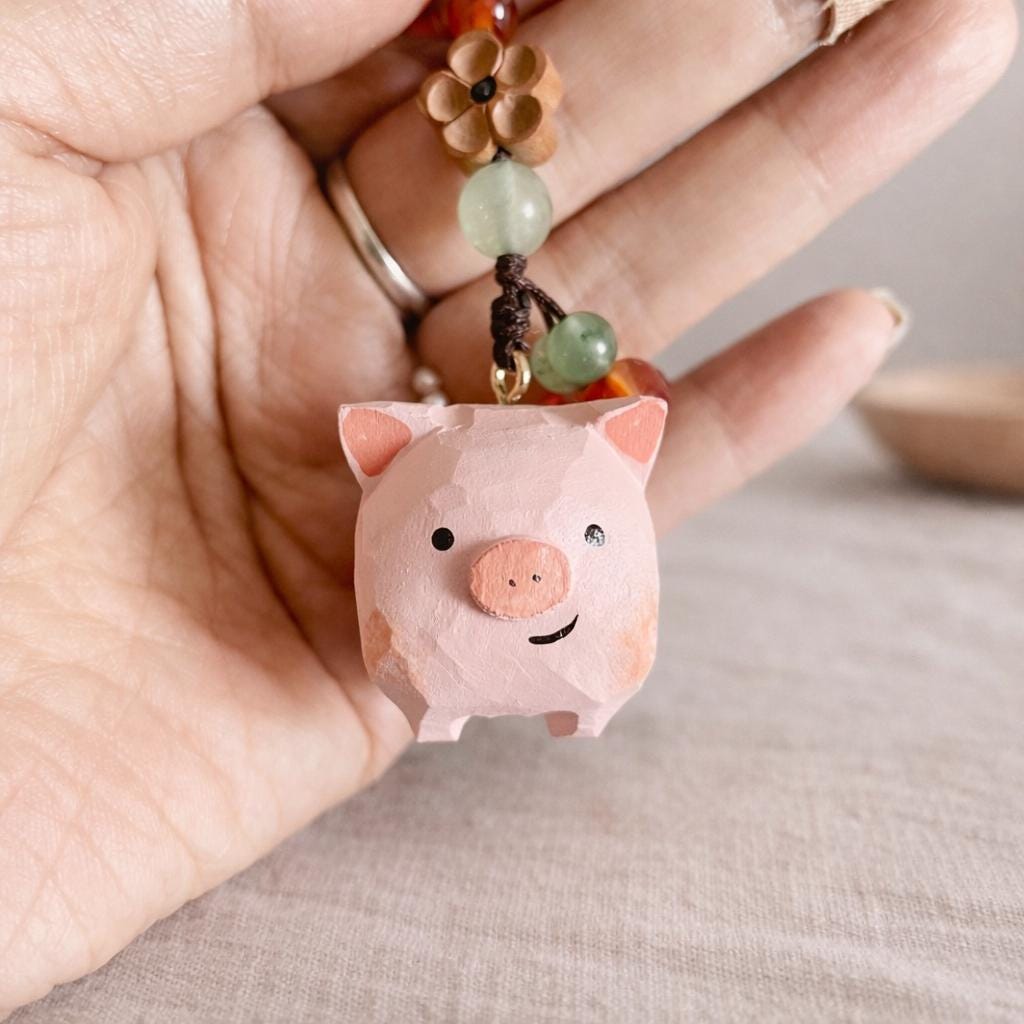 Hand Carved Wood Pig Keychain – Japanese Style Phone Charm Bag Pendant