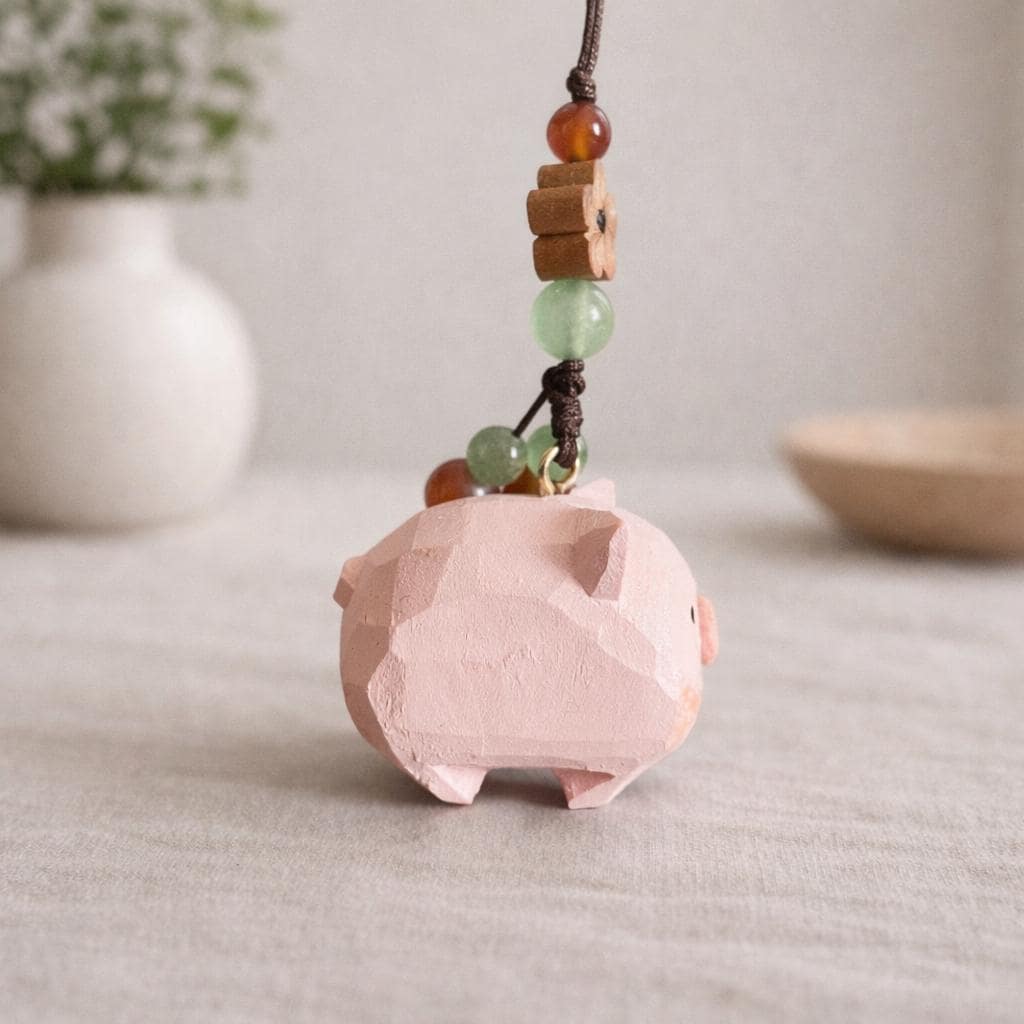 Hand Carved Wood Pig Keychain – Japanese Style Phone Charm Bag Pendant