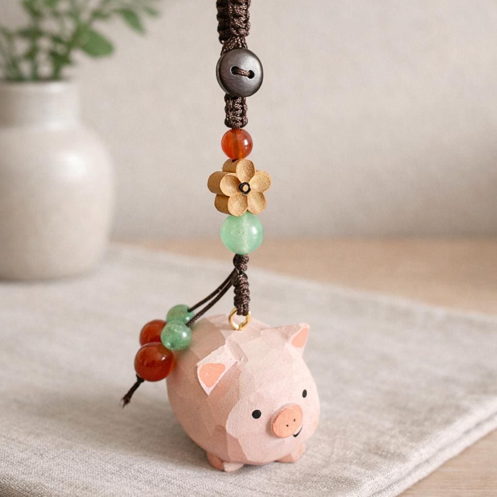 Hand Carved Wood Pig Keychain – Japanese Style Phone Charm Bag Pendant