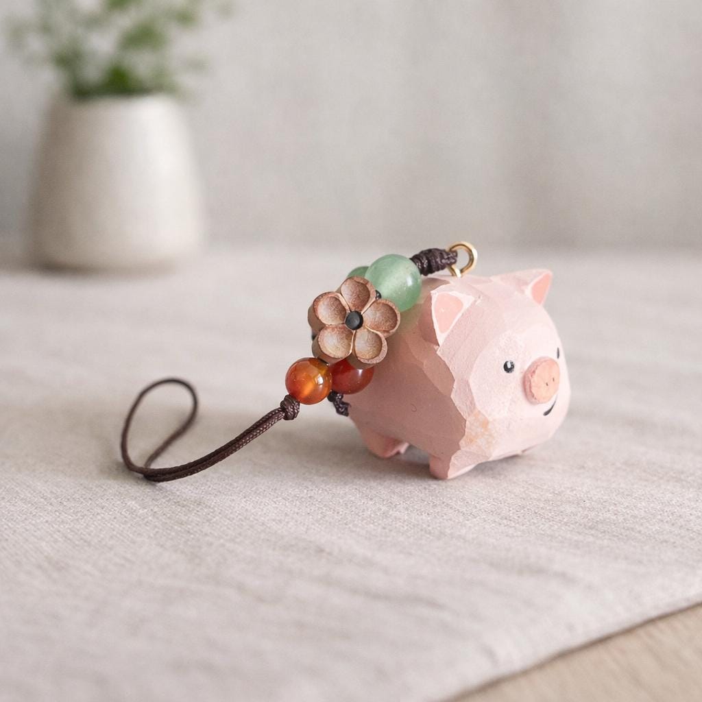 Hand Carved Wood Pig Keychain – Japanese Style Phone Charm Bag Pendant