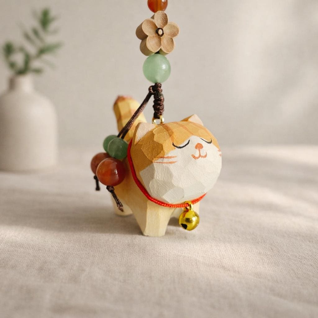 Hand Carved Wood Cat Keychain – Lucky Cat Phone Charm Bag Pendant