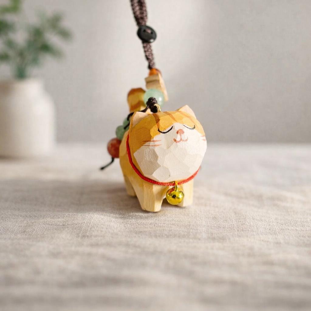 Hand Carved Wood Cat Keychain – Lucky Cat Phone Charm Bag Pendant