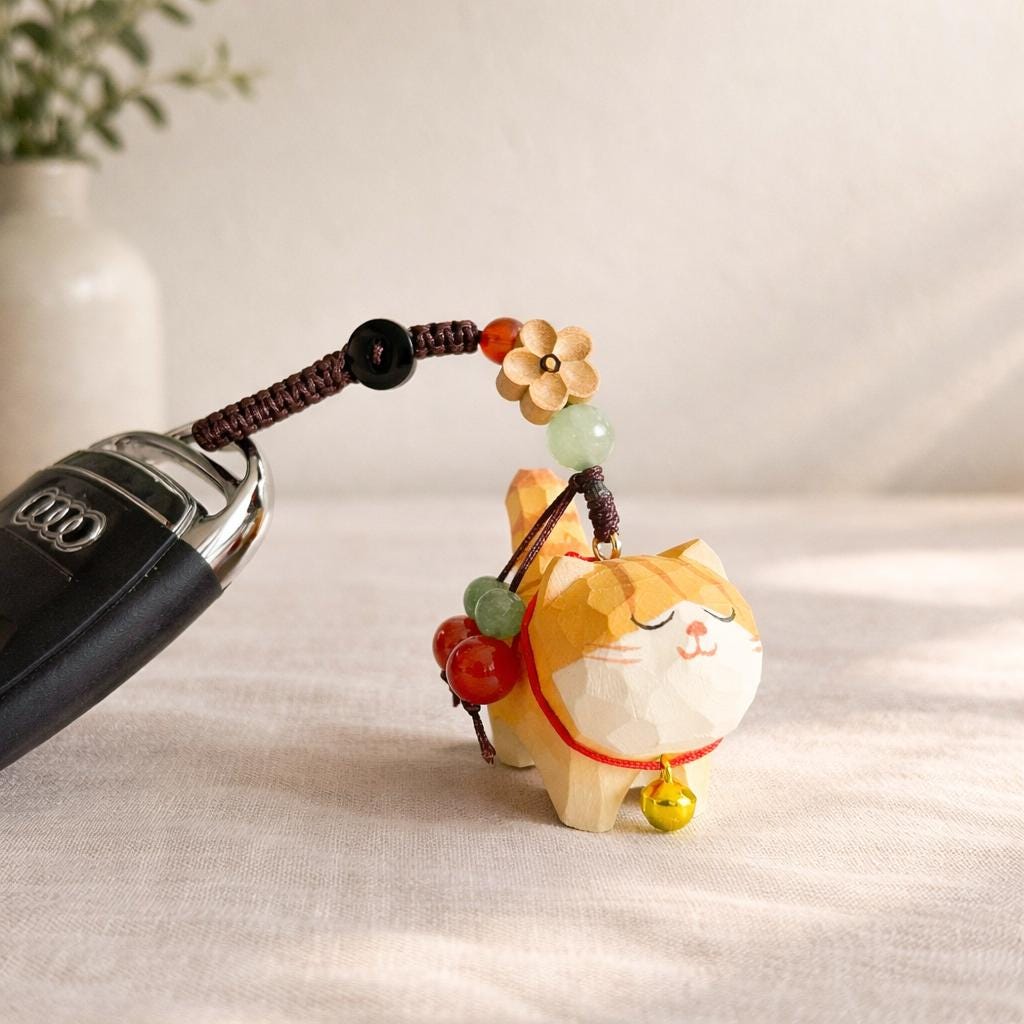Hand Carved Wood Cat Keychain – Lucky Cat Phone Charm Bag Pendant