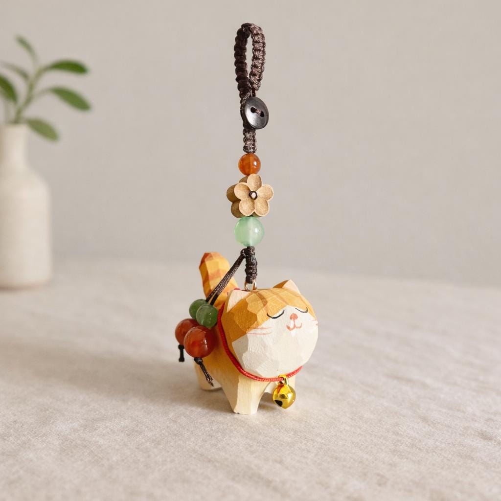 Hand Carved Wood Cat Keychain – Lucky Cat Phone Charm Bag Pendant