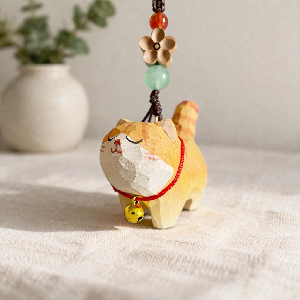 Hand Carved Wood Cat Keychain – Lucky Cat Phone Charm Bag Pendant