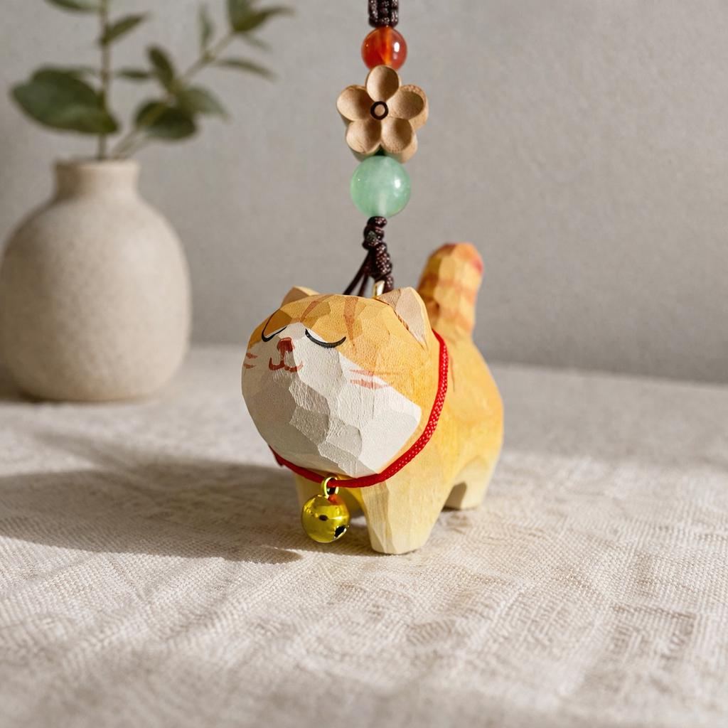 Hand Carved Wood Cat Keychain – Lucky Cat Phone Charm Bag Pendant