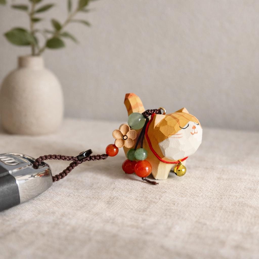 Hand Carved Wood Cat Keychain – Lucky Cat Phone Charm Bag Pendant