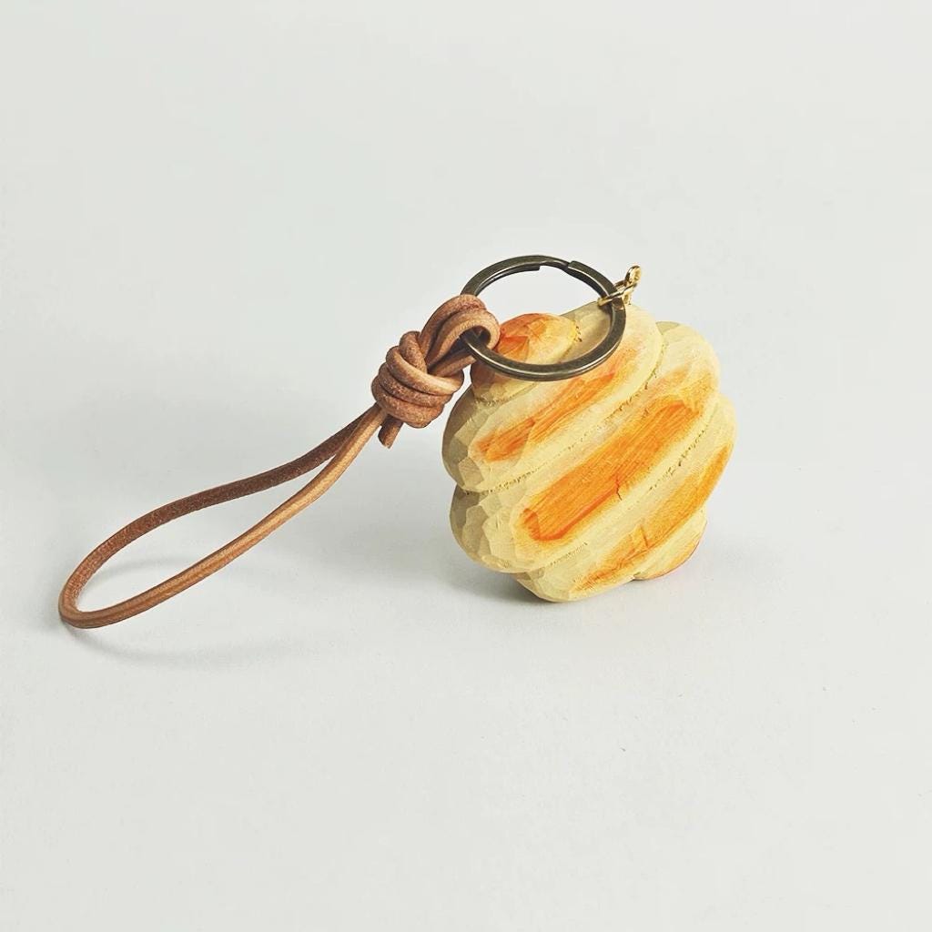 Hand Carved Linden Wood Butter Bread Keychain – Cute Food Bag Charm
